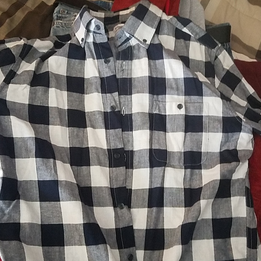 Navy blue and white checkered long sleeve